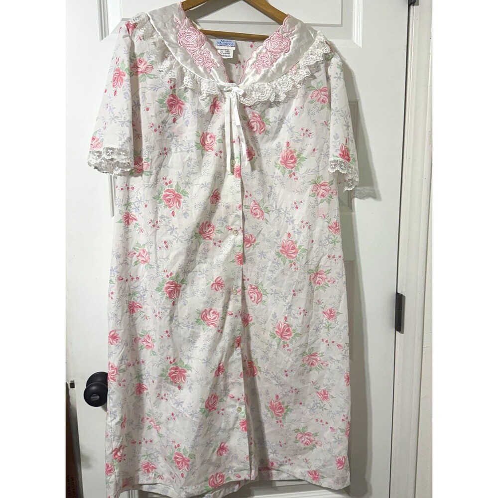 VTG Quiet Moments Rose Floral Embroidery Nightgown L Lace Bow Coquette  Cottage